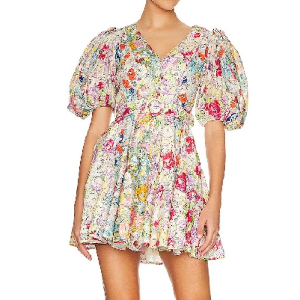 Zimmermann Floral Puff-Sleeve Mini Dress - Cream Multicolor S
